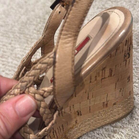 Prada Beige Braided Wedge Sandals Size 37.5 Authentic! - Picture 6 of 14